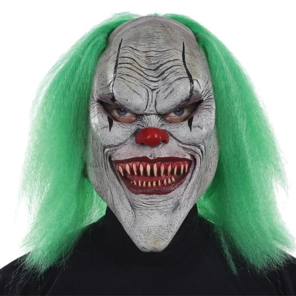 Evil Clown Halloween Mask & Wig Creepy Latex Green Hair Costume Accessory 14+